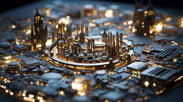 Zdjęcie zbliżenie miasta krzemowego ze srebrnymi i złotymi obwodami z selektywnym skupieniem, aby stworzyć głębię i złożoność.