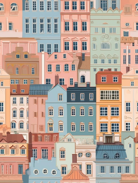 Zbliżenie miasta z wieloma różnorodnymi kolorowymi budynkami