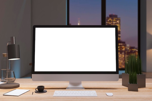 Zbliżenie miejsca pracy w biurze projektanta z pustym białym oknem monitora komputerowego z nocnymi elementami dekoracyjnymi i materiałami eksploatacyjnymi Widok miasta Makieta renderowania 3D