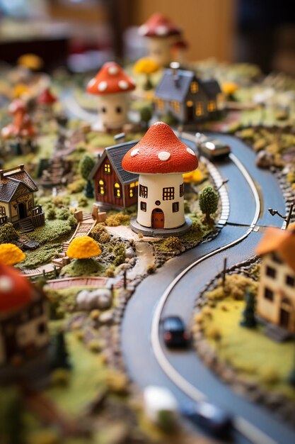 Zdjęcie zbliżenie miniaturowej wioski na powierzchni grzyba z małymi domkami i drewnianymi drogami