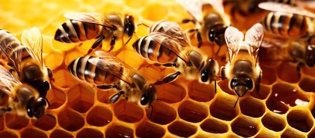 Zbliżenie miodowca z pszczołami produkującymi miód