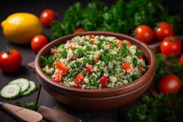 Zdjęcie zbliżenie miski sałatki z quinoa tabbouleh z pomidorami wiśniowymi