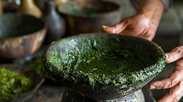 Zbliżenie miski wypełnionej zieloną pastą wykonaną z rodzimych roślin używanych w tradycyjnej medycynie
