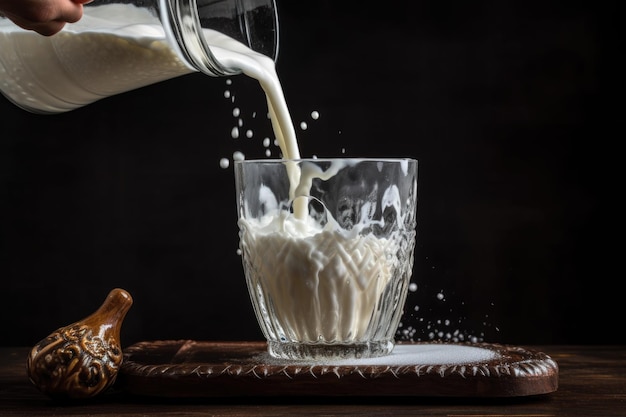 Zbliżenie mleka wlewanego do szklanki, tworząc rozpryskiwanie stworzone za pomocą generatywnego ai