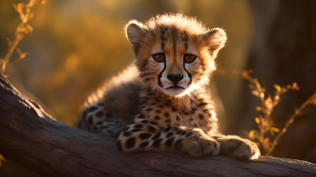 Zbliżenie młodego geparda siedzącego na gałęzi patrzącego na ai cameragenerative