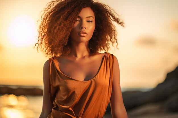 Zbliżenie młodej afroamerykańskiej kobiety na plaży Złota godzina