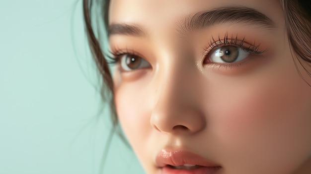 Zbliżenie młodej Azjatki z lekkim makijażem, jej oczy pięknie wzmocnione przez długie