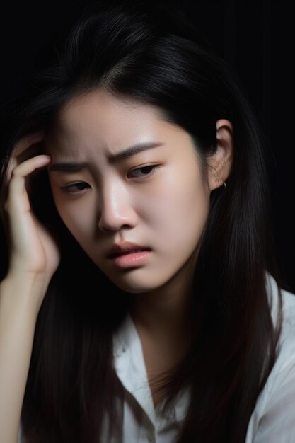zbliżenie młodej azjatyckiej kobiety trzymającej ręce na głowie w smutku stworzone z generatywnej sztucznej inteligencji