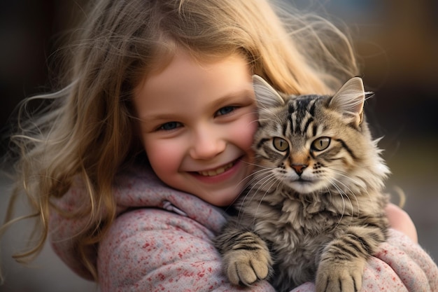 zbliżenie młodej dziewczyny przytulającej swojego kota w stylu bokeh
