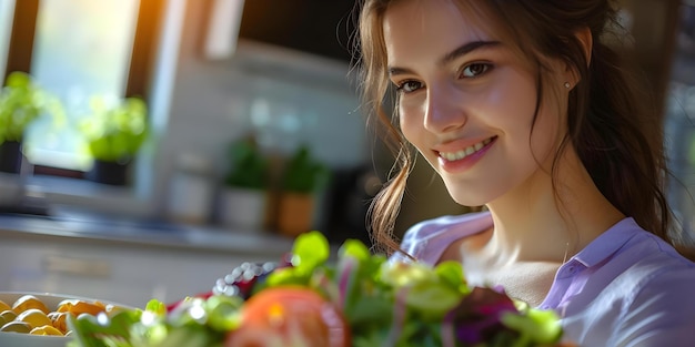 Zdjęcie zbliżenie młodej kobiety cieszącej się sałatką wegańską w kuchni koncepcja zdrowe jedzenie wegański styl życia zbliżenie fotografia domowe gotowanie podróże zdrowia
