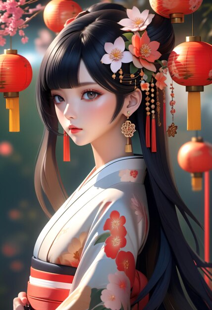 Zbliżenie młodej kobiety w kimono