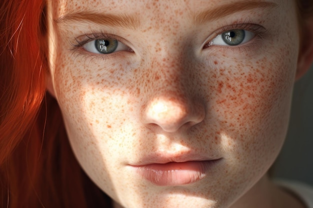 Zbliżenie młodej kobiety z ognistymi czerwonymi włosami i konstelacją pieprzyków. Jej oczy są czystym oknem do duszy.