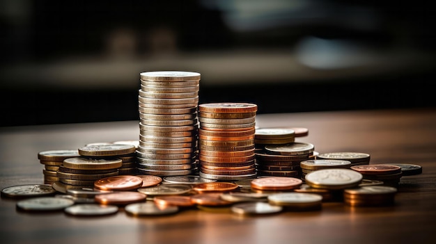 Zbliżenie monet na stole koncepcja finansowa giełdy
