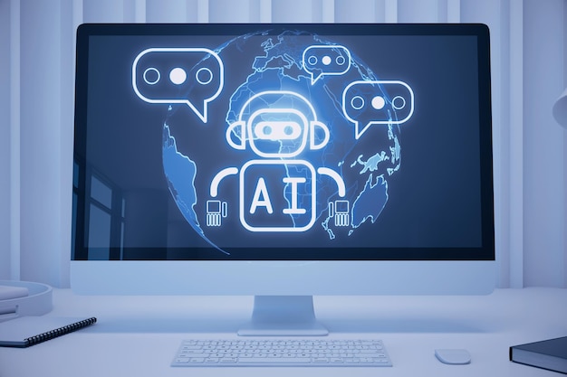 Zbliżenie monitora komputera na biurku z kreatywnym świecącym robotem i hologramem AI globu na rozmytym tle Uczenie maszynowe sztuczna inteligencja i koncepcja innowacji Renderowanie 3D