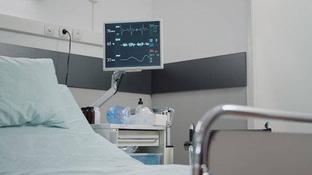 Zbliżenie monitora używanego do pomiaru tętna i pulsu w służbie zdrowia. Nikt na oddziale szpitalnym z technologią i instrumentami medycznymi do intensywnej terapii i rekonwalescencji pacjenta.
