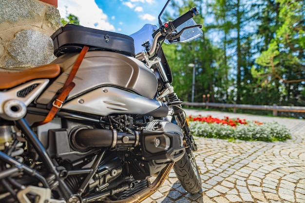 Zbliżenie motocykl zaparkowany na podjeździe w ciepłym, słonecznym świetle. Niewyraźne drzewa leśne, kwiaty parkowe