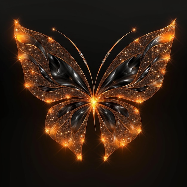 Zbliżenie motyla ze świecącymi skrzydłami na czarnym tle generatywnego ai