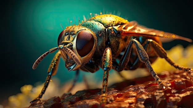 Zbliżenie muchy na jedzeniu Szczegółowy obraz owada na przedmiocie jadalnym