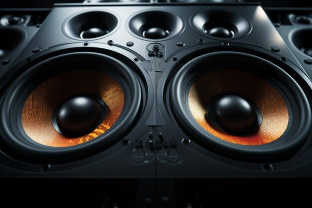 Zbliżenie multimedialnego systemu głośników akustycznych wzmacniającego muzykę na czarnym