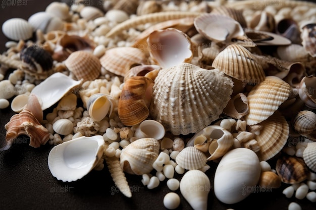 Zbliżenie muszli i innych skarbów plaży utworzonych za pomocą generatywnej sztucznej inteligencji