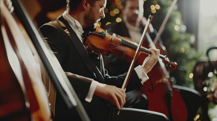 Zdjęcie zbliżenie muzyków w eleganckich strojach grających na instrumentach smyczkowych w harmonijnym zespole z świątecznymi światłami tworzącymi ciepłą atmosferę