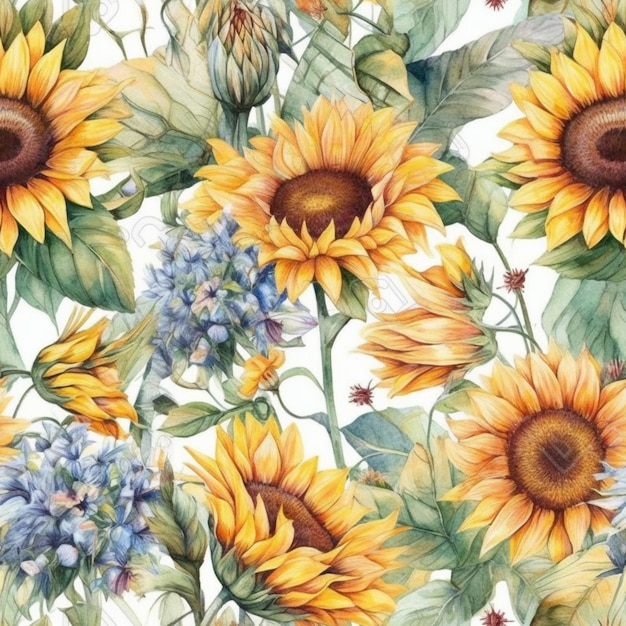 Zbliżenie na akwarelę przedstawiającą słoneczniki i inne kwiaty generatywne ai