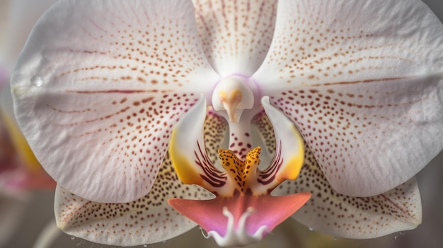 Zbliżenie na białą orchideę z czerwoną gwiazdą na dole.