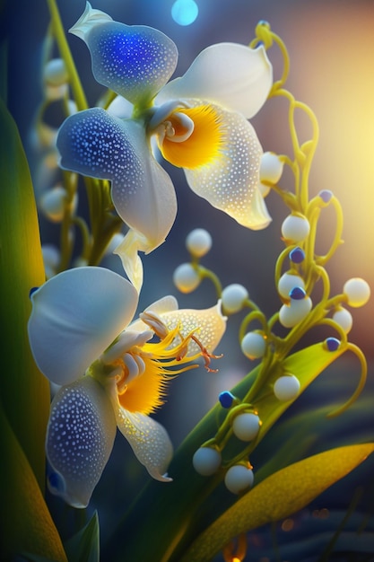Zbliżenie na białą orchideę z niebieskimi i żółtymi plamami.
