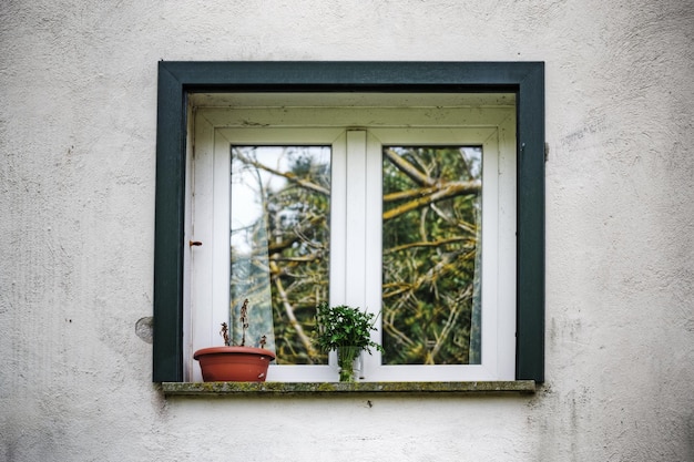 Zbliżenie na białe okno w rustykalnej ścianie