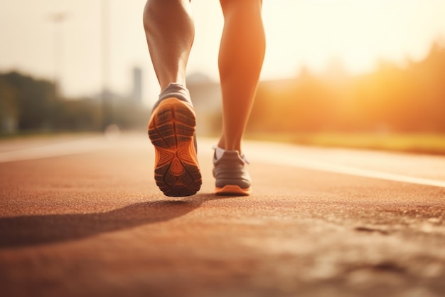 zbliżenie na bucie Stopy lekkoatlety biegające po drodze Koncepcja joggingu na świeżym powietrzu