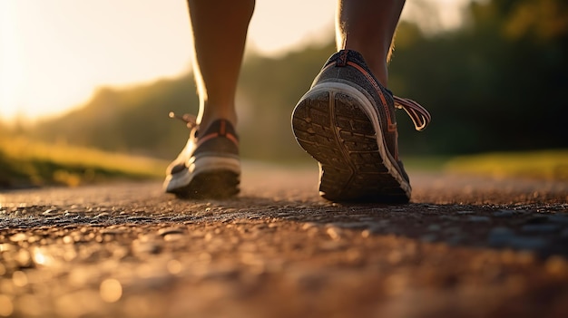 Zbliżenie na but biegacz stopy sportowca biegnące po drodze pod słońcem rano Generatywna sztuczna inteligencja