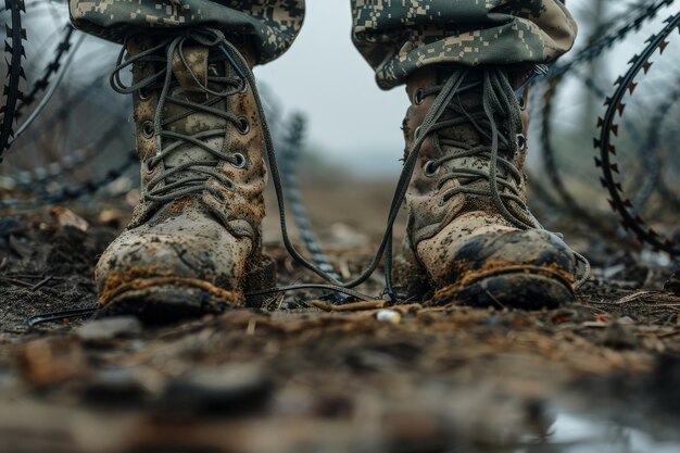 Zdjęcie zbliżenie na buty żołnierza z drutem kolczastym wojsko i wojna