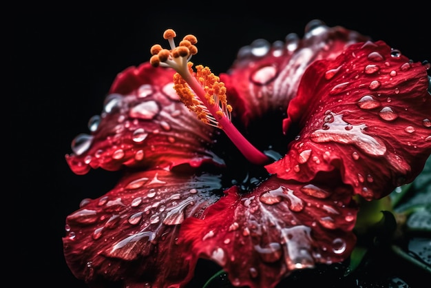 Zbliżenie na czerwony kwiat hibiskusa z kroplami wody Generative AI