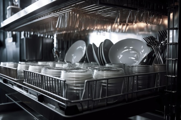 Zbliżenie na czyste naczynia suszące się w zmywarce przemysłowej utworzone za pomocą generatywnej ai