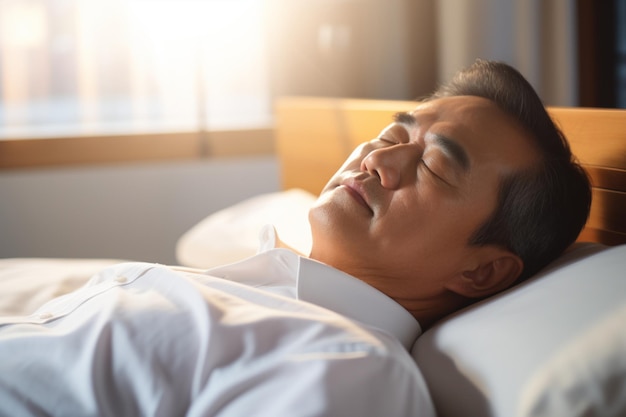 Zbliżenie na dojrzałego azjatyckiego biznesmena śpiącego w łóżku