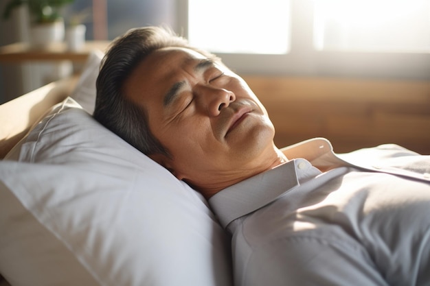 Zbliżenie na dojrzałego azjatyckiego biznesmena śpiącego w łóżku