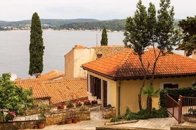Zbliżenie na domy z dachówkami i morze w europejskim starym mieście Rovinj, Chorwacja.
