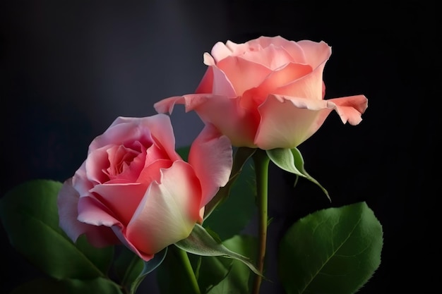 Zbliżenie na dwie różowe róże ze słowem miłość w prawym dolnym rogu