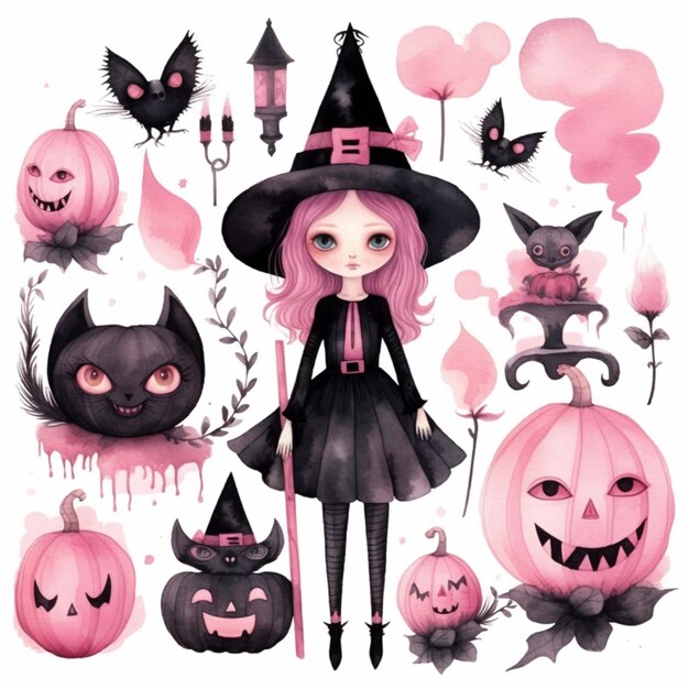 Zbliżenie na dziewczynę w kostiumie czarownicy otoczoną generatywnymi dekoracjami halloweenowymi ai