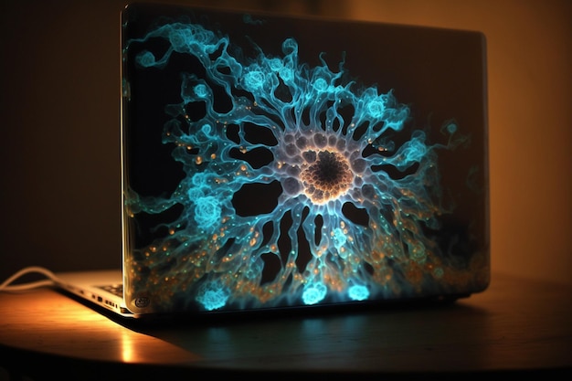 Zbliżenie na ekran komputera przenośnego przedstawiający świecący niebieski kwiat generatywny ai