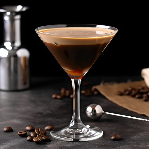 Zbliżenie na Espresso Martini Koktajl na bazie likieru kawowego i wódki wyizolowanych na ciemnoszarym tle Podawany w eleganckiej szklance martini z ziarnami kawy wokół szklanki Generative AI