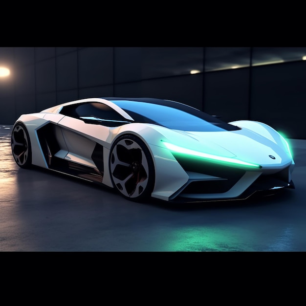 Zbliżenie na futurystyczny samochód z generatywną sztuczną inteligencją o jasnozielonym świetle