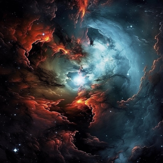 Zbliżenie na galaktykę z jasnoniebieską i pomarańczową generatywną mgławicą
