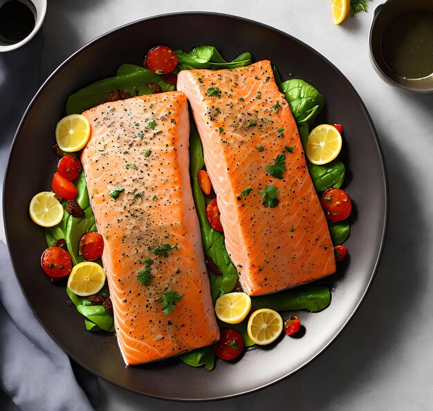 Zdjęcie zbliżenie na grafikę generatywną cooked salmon dish autorstwa ai