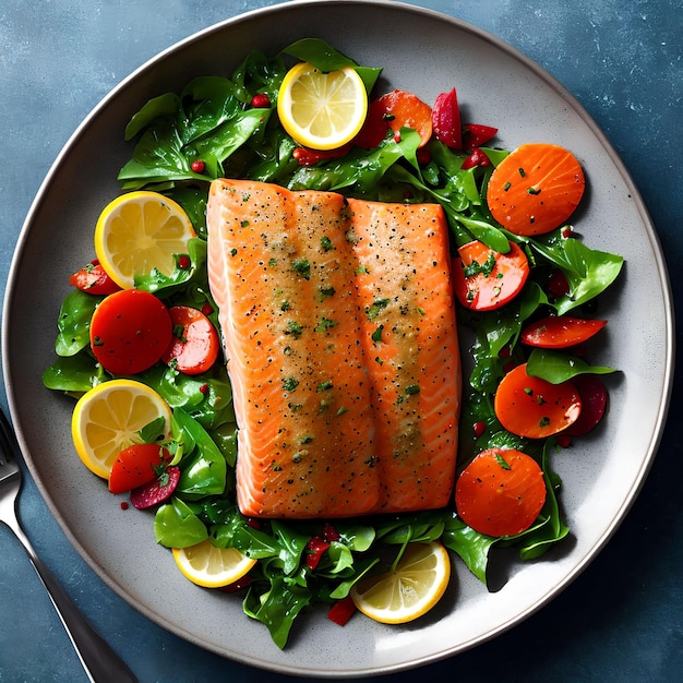 Zbliżenie na grafikę generatywną Cooked Salmon Dish autorstwa AI