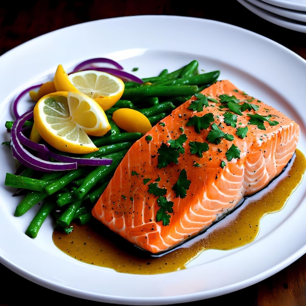 Zbliżenie na grafikę generatywną Cooked Salmon Dish autorstwa AI