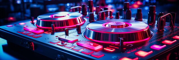 Zdjęcie zbliżenie na gramofon dj-a z czerwonymi światłami generacyjna ai