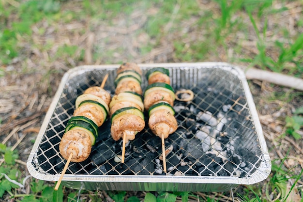 Zbliżenie na grill jednorazowego użytku na piknik na świeżym powietrzu z warzywami na drewnianym patyku