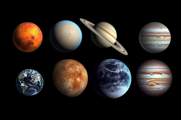 Zdjęcie zbliżenie na grupę planet z generatywną ai czarnym tłem