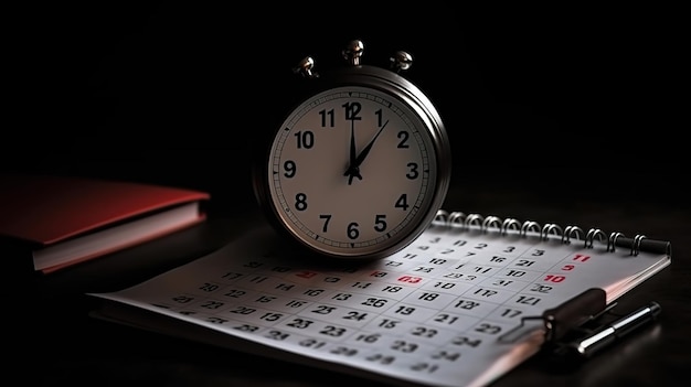 Zbliżenie na kalendarz i budzik na tle czarnego stołu Generative Ai